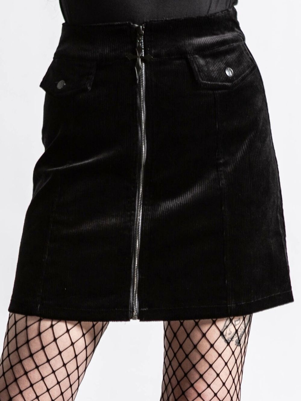 Killstar Black Corduroy Zip Front Mini Skirt
